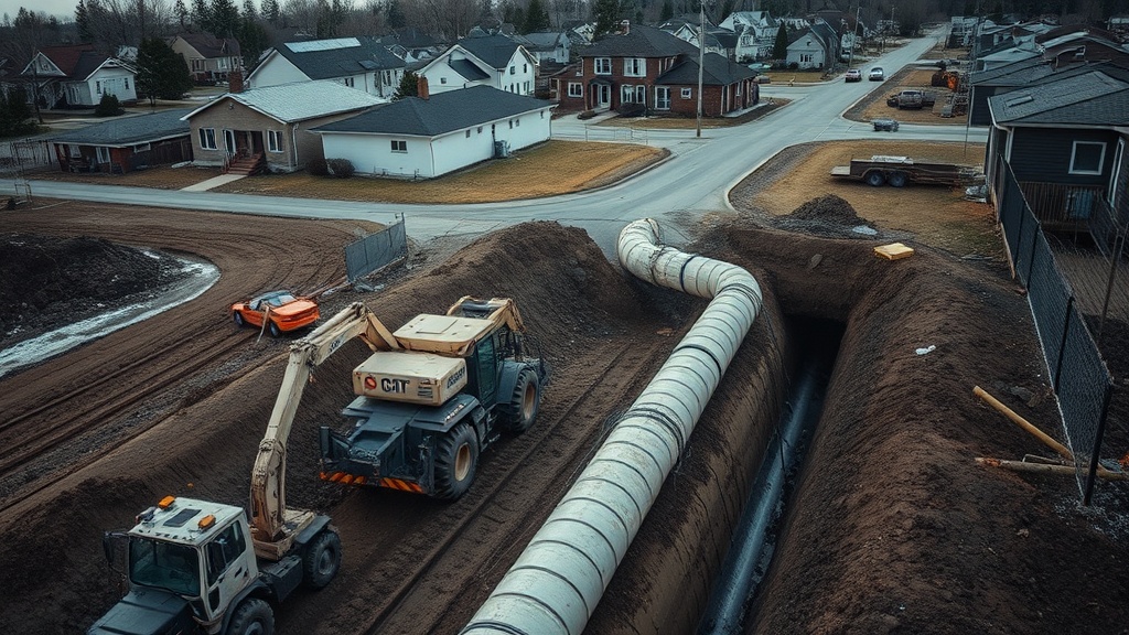 A high-angle photo capturing construction workers upgrading wastewater infrastructure in a small Canadian town, showcasing equipment and workers amidst a backdrop of residential homes.