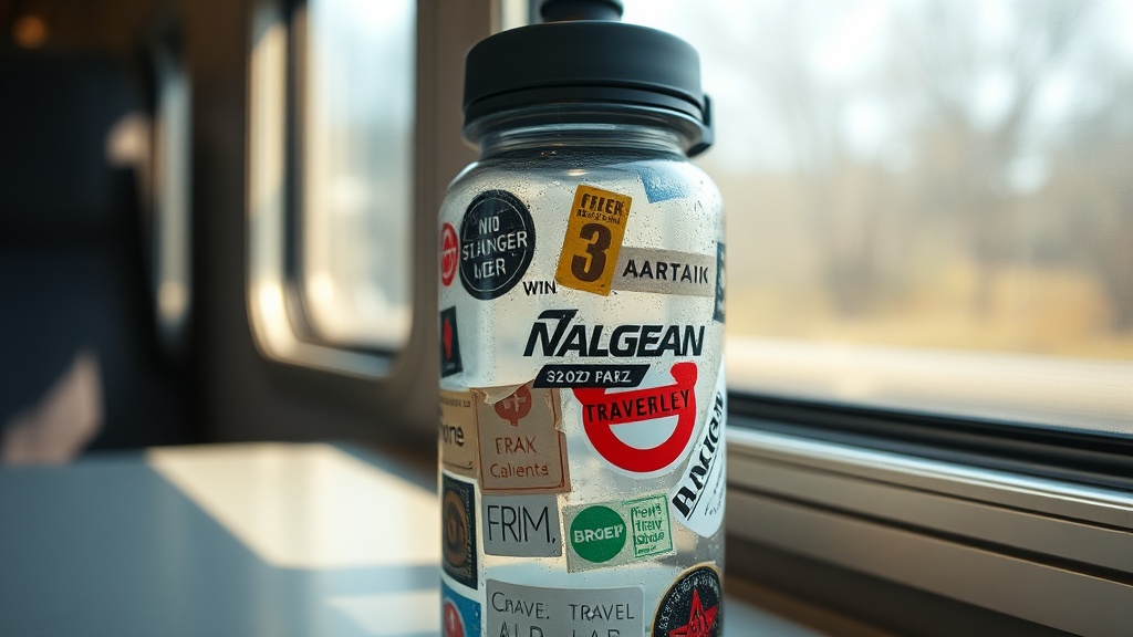 A battered 32oz Nalgene water bottle covered in peeling travel stickers, sitting on a dining car table on an Amtrak train.