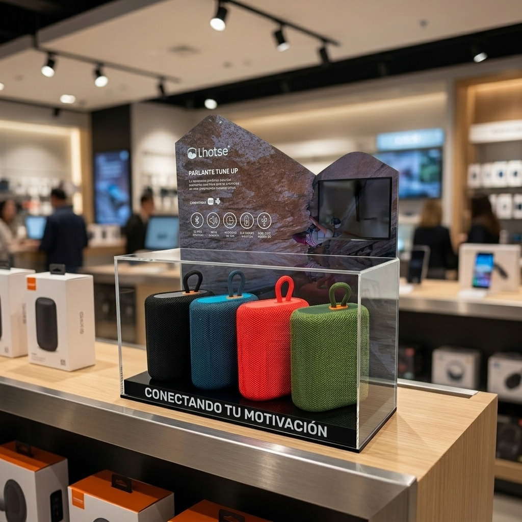 Mueble Exhibidor Parlantes Lhotse Tune Up en punto de venta