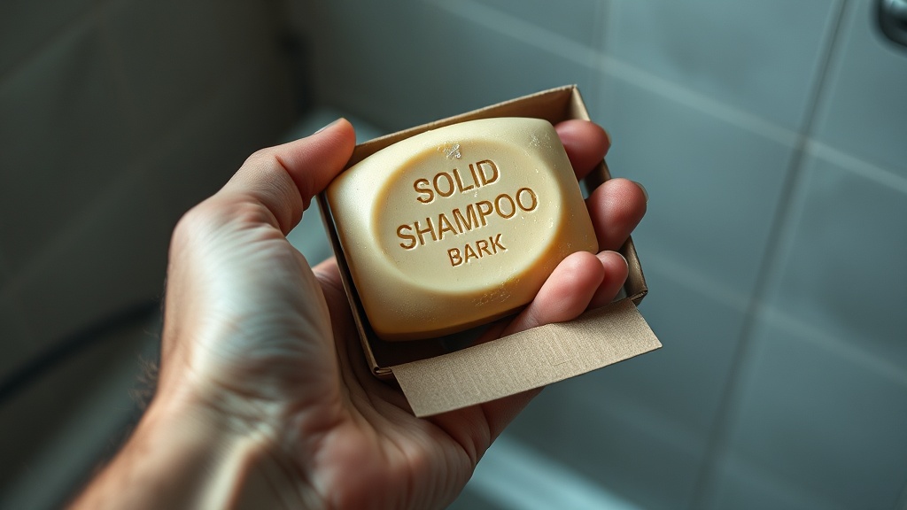 Close-up documentary style photo of a weathered hand holding a simple, unbranded solid shampoo bar in a plain cardboard box.