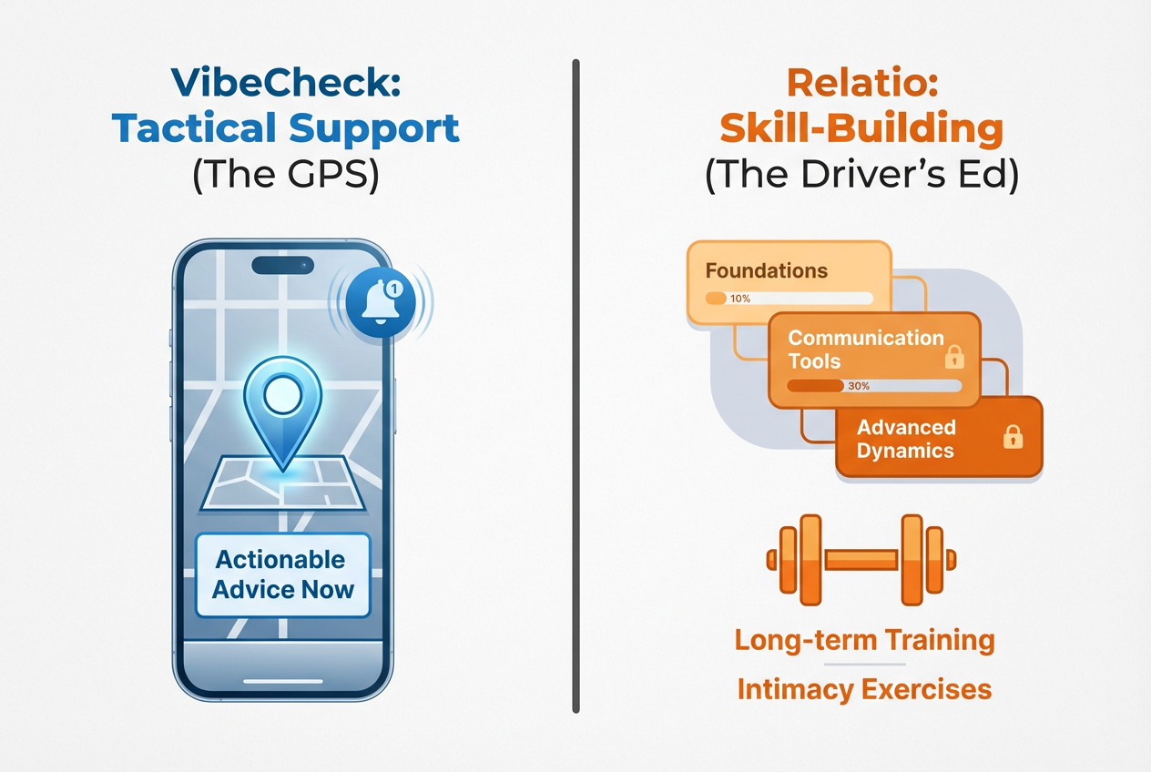 Comparison graphic of VibeCheck as a tactical GPS tool versus Relatio as a long-term intimacy skill-building bootcamp for men.