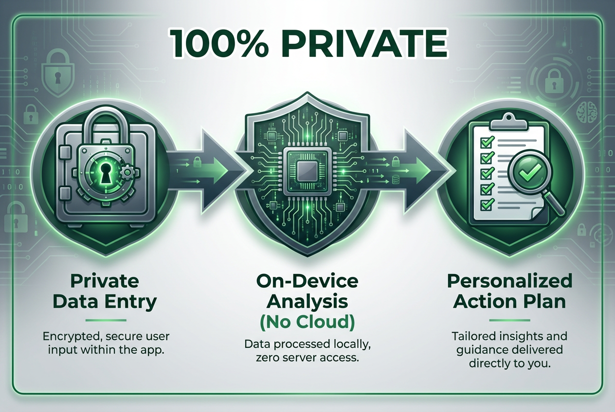 A three-step process diagram illustrating how privacy-focused apps like DuoSync analyze relationship data locally without cloud storage.