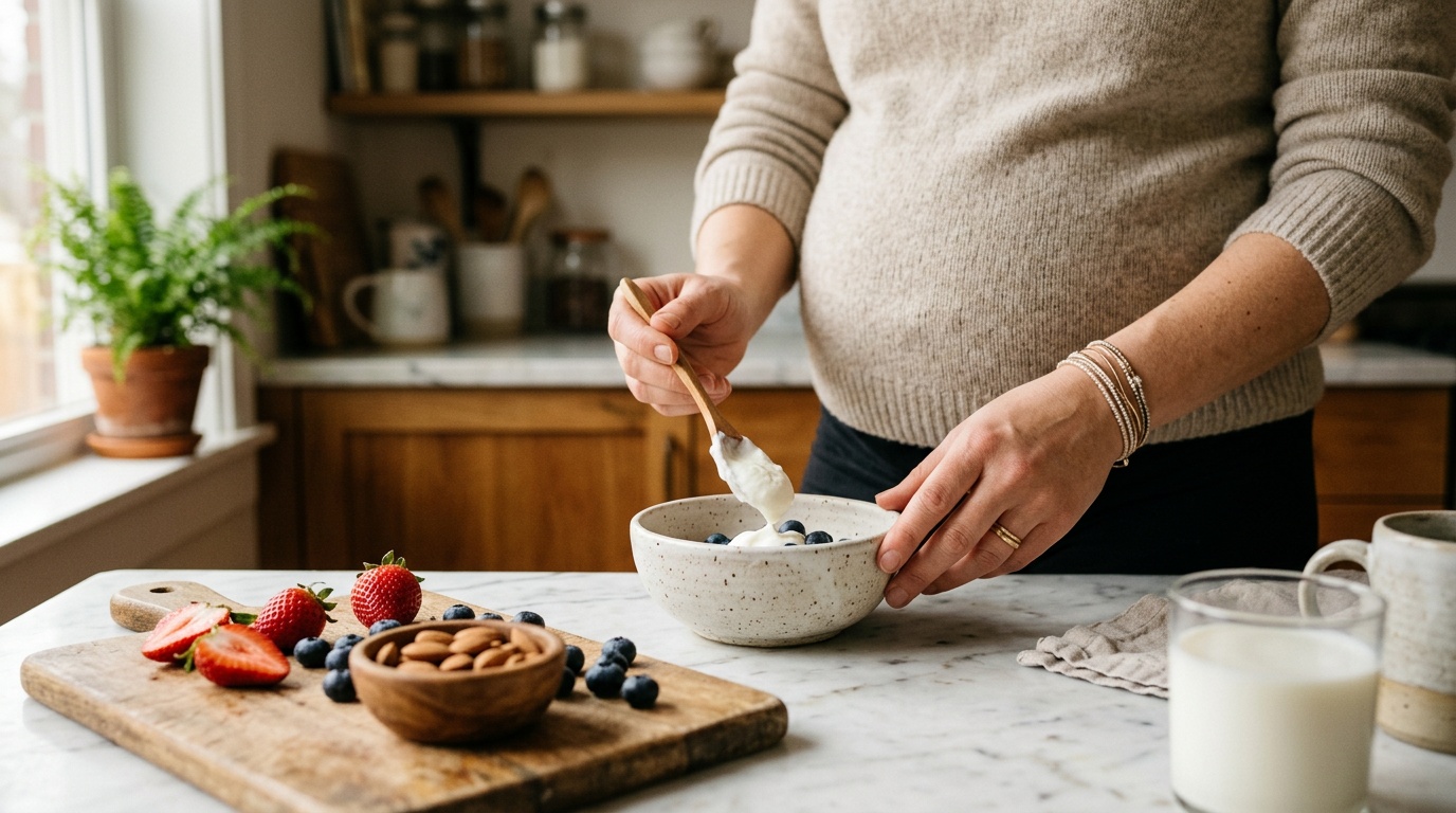 Pregnant woman's hands assembling a snack plate with Greek yogurt, fresh berries, and almonds on a marble counter, soft natural light