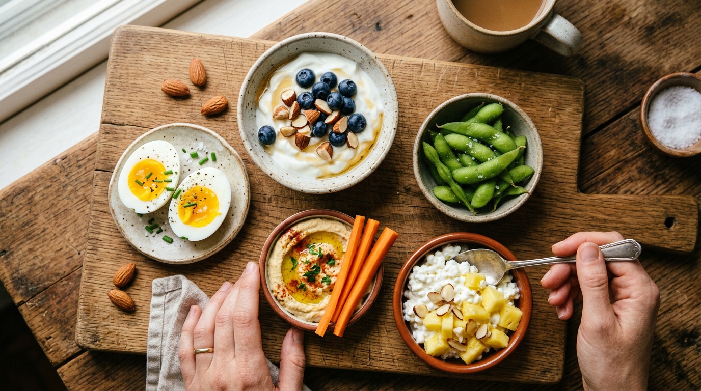 Flat lay of high-protein pregnancy snacks on a wooden cutting board: Greek yogurt with berries, hard-boiled eggs, edamame, hummus, nuts, cottage cheese