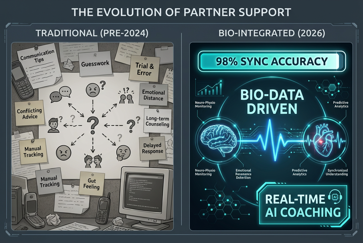 Comparison chart showing the shift from traditional relationship advice to 2026 bio-integrated AI coaching software for men with data-driven sync.