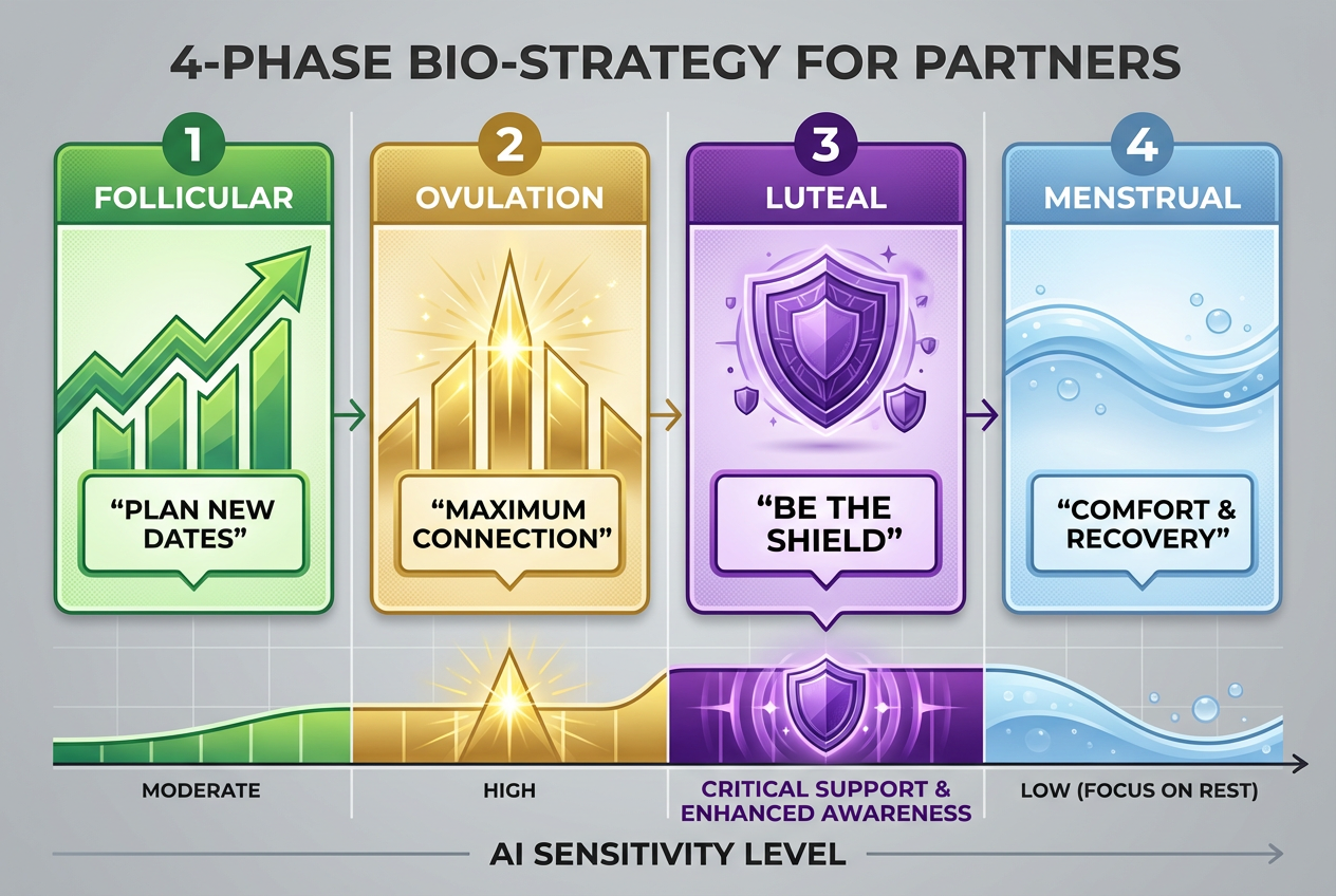 Educational infographic for men explaining the 4-phase bio-strategy: Follicular, Ovulation, Luteal, and Menstrual phases for relationship coaching.