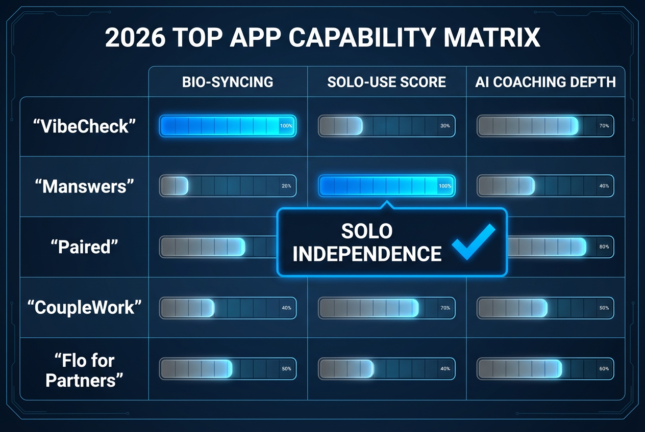 Software comparison matrix for relationship apps for men, ranking VibeCheck, Manswers, and others on bio-syncing and solo-use capabilities.