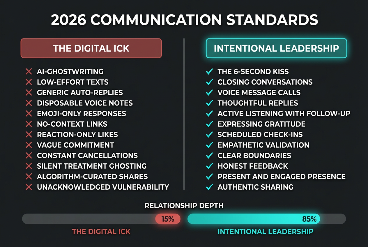 A comparison chart for men showing 'The Digital Ick' communication habits versus 'Intentional Leadership' habits in modern 2026 relationships.