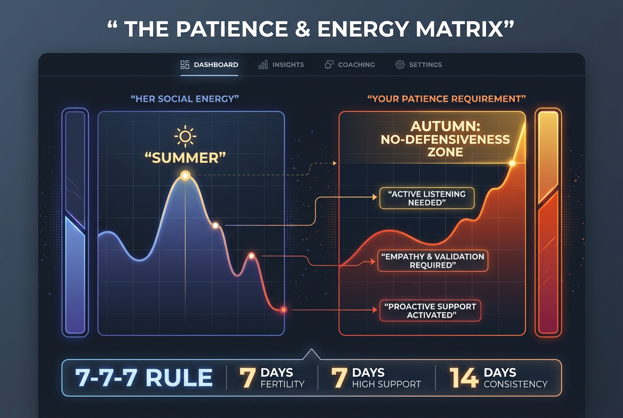 A technical relationship matrix for men visualizing the inverse relationship between a partner's social energy and the required patience levels.