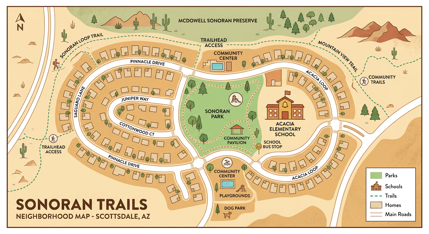 Best Scottsdale Neighborhoods For Families: Where To Look First 2 Modern suburban Scottsdale neighborhood map-style illustration with family-oriented streets, park icons, school icons, and...
