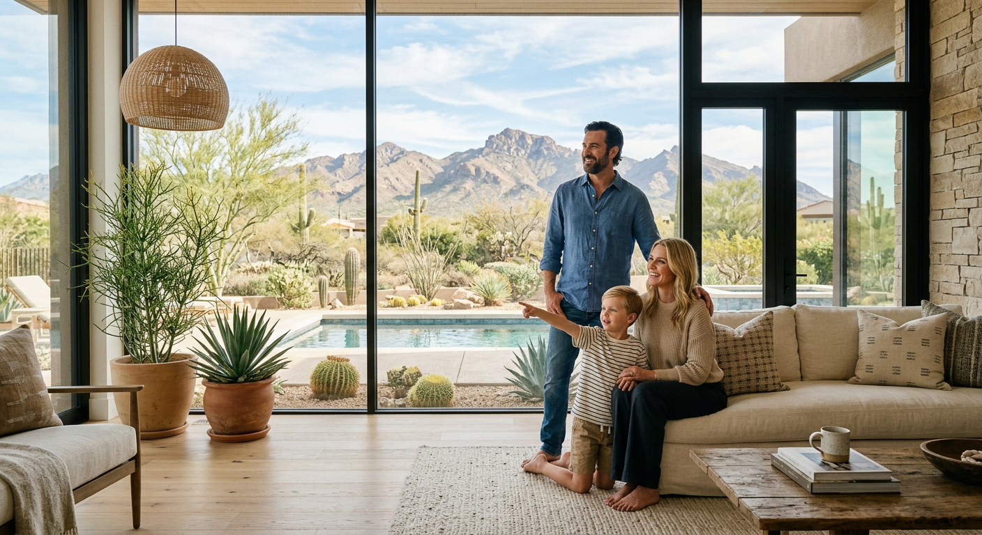 Best Scottsdale Neighborhoods For Families: Where To Look First 5 Photorealistic family inside a bright Scottsdale home looking out through large windows toward a desert backyard and mount...