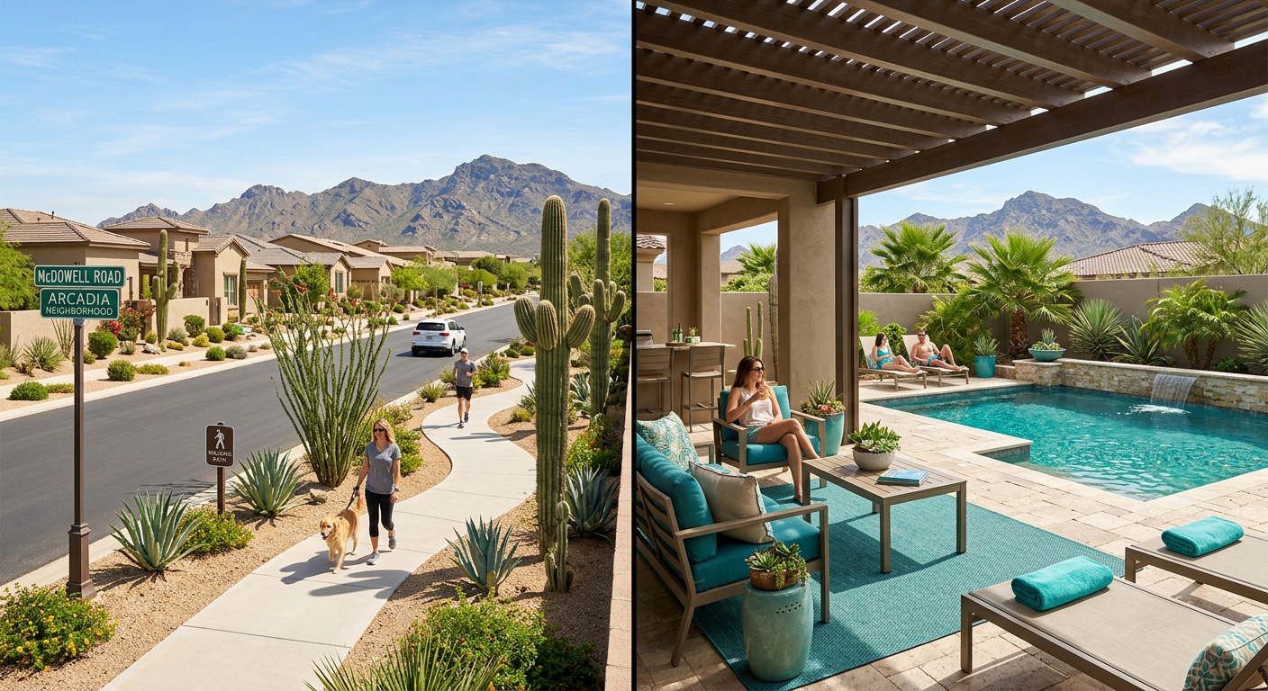 Moving to Scottsdale Pros and Cons: What Buyers Should Know 2 A clean, photorealistic split-scene image showing one side with a bright Scottsdale neighborhood street, mountain backdrop...