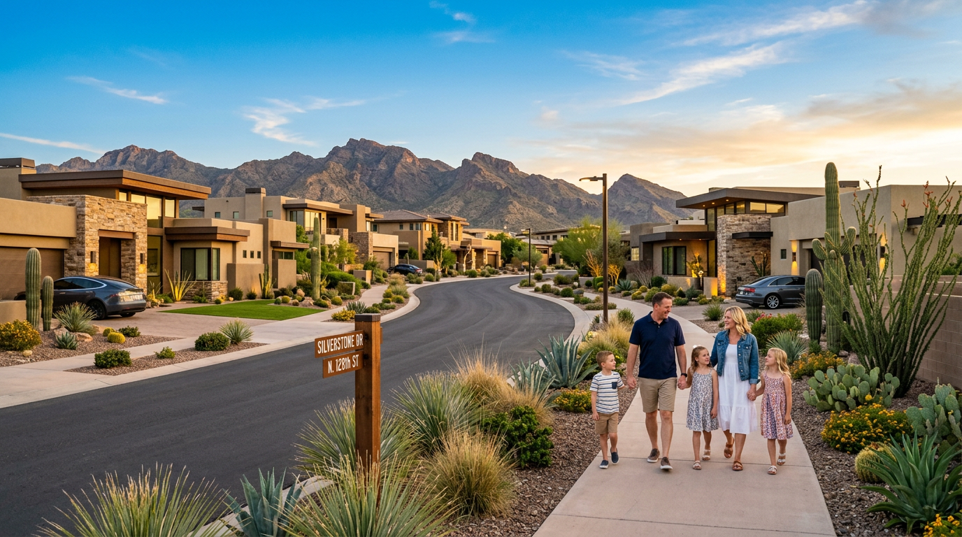 A modern neighborhood street in North Scottsdale with luxury homes, mountain views, desert landscaping, and a family walki...