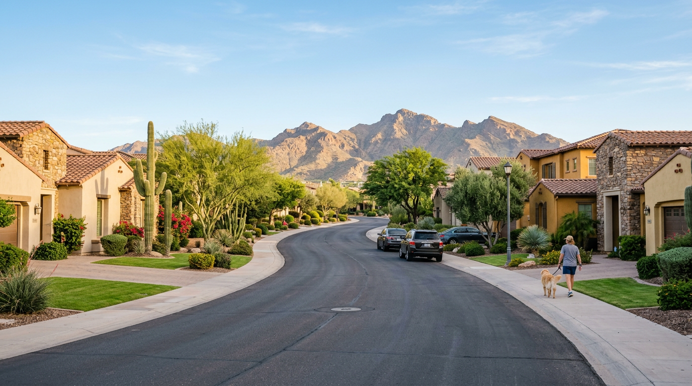 Where To Live In Scottsdale: Best Areas By Lifestyle 6 Photorealistic closing image of a Scottsdale neighborhood street with mature landscaping, desert mountains in the backgrou...