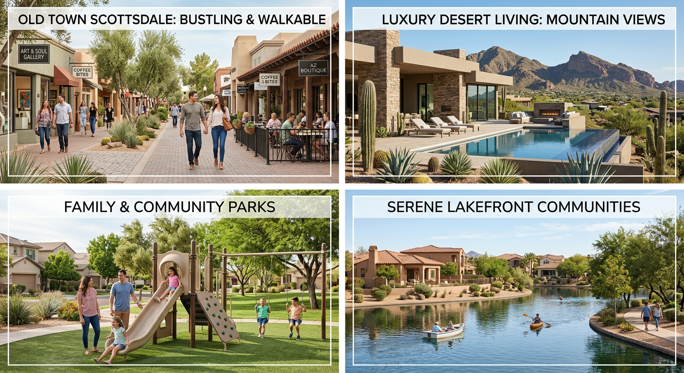 Where To Live In Scottsdale: Best Areas By Lifestyle 2 Clean photorealistic neighborhood collage showing four Scottsdale lifestyle scenes, a walkable Old Town street, a family-f...
