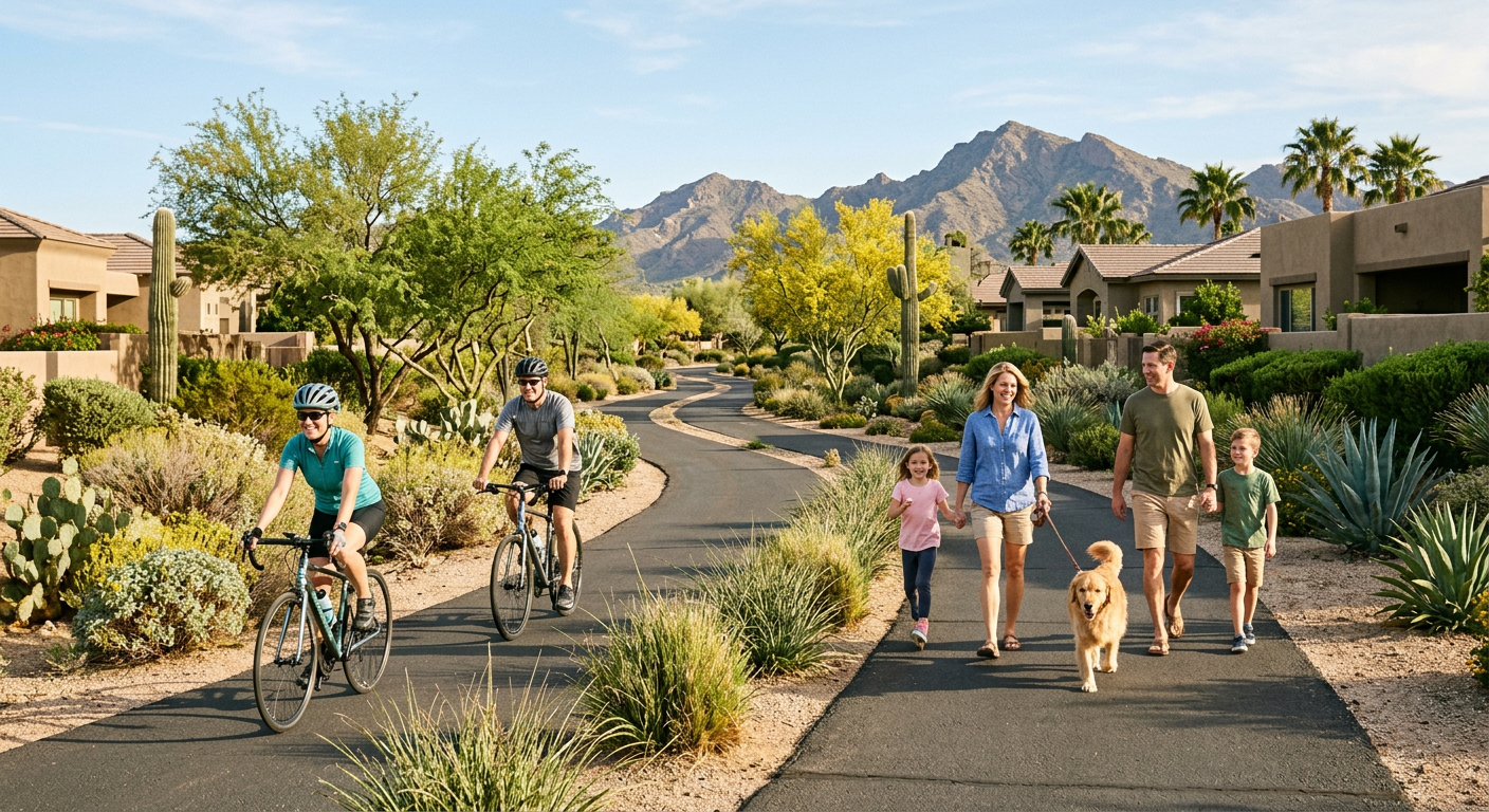 A clean modern lifestyle scene showing a Scottsdale greenbelt with cyclists, a family walking a dog, and desert landscapin...