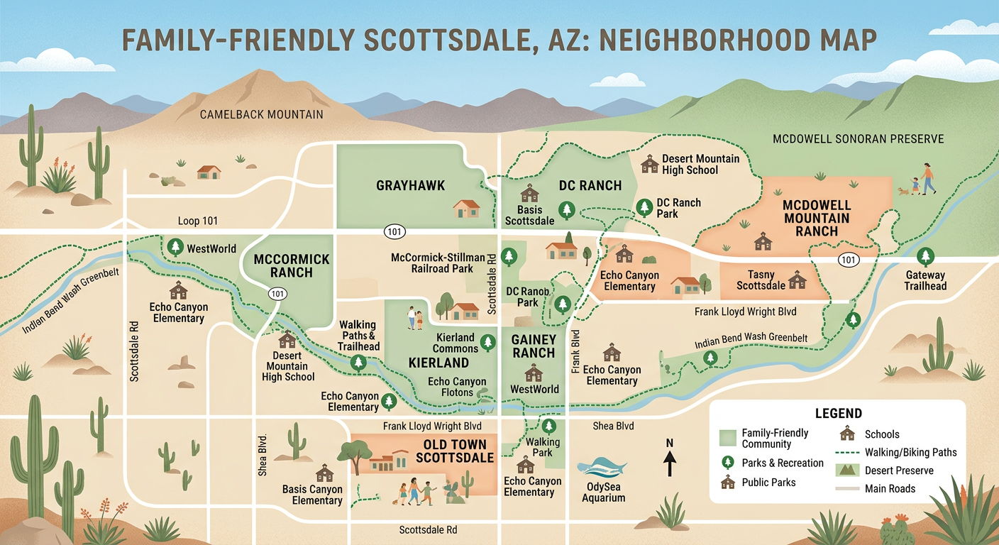 Modern illustrative scene of a Scottsdale neighborhood map with highlighted family-friendly communities, green park icons,...