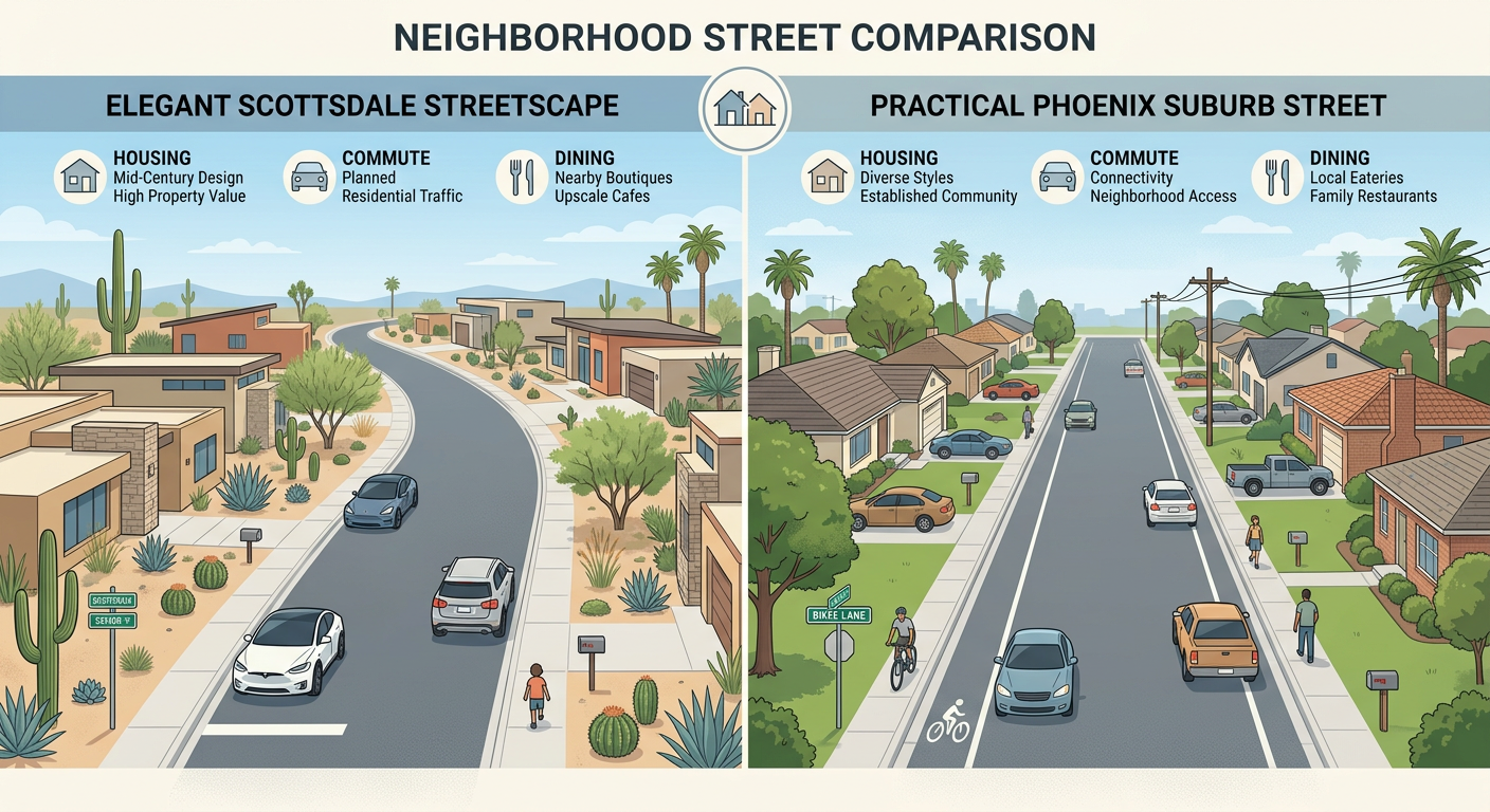 Clean modern comparison graphic-style illustration showing two neighborhood streets, one elegant Scottsdale streetscape wi...