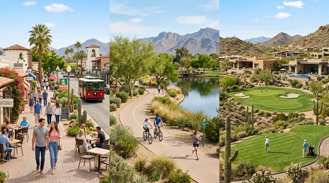 A clean, photorealistic neighborhood collage showing Old Town Scottsdale walkability, McCormick Ranch greenbelt paths, and...