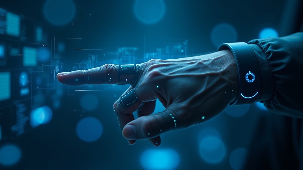 Ingeniero demostrando el uso de la Pulsera MIT gestos robóticos con una interfaz virtual