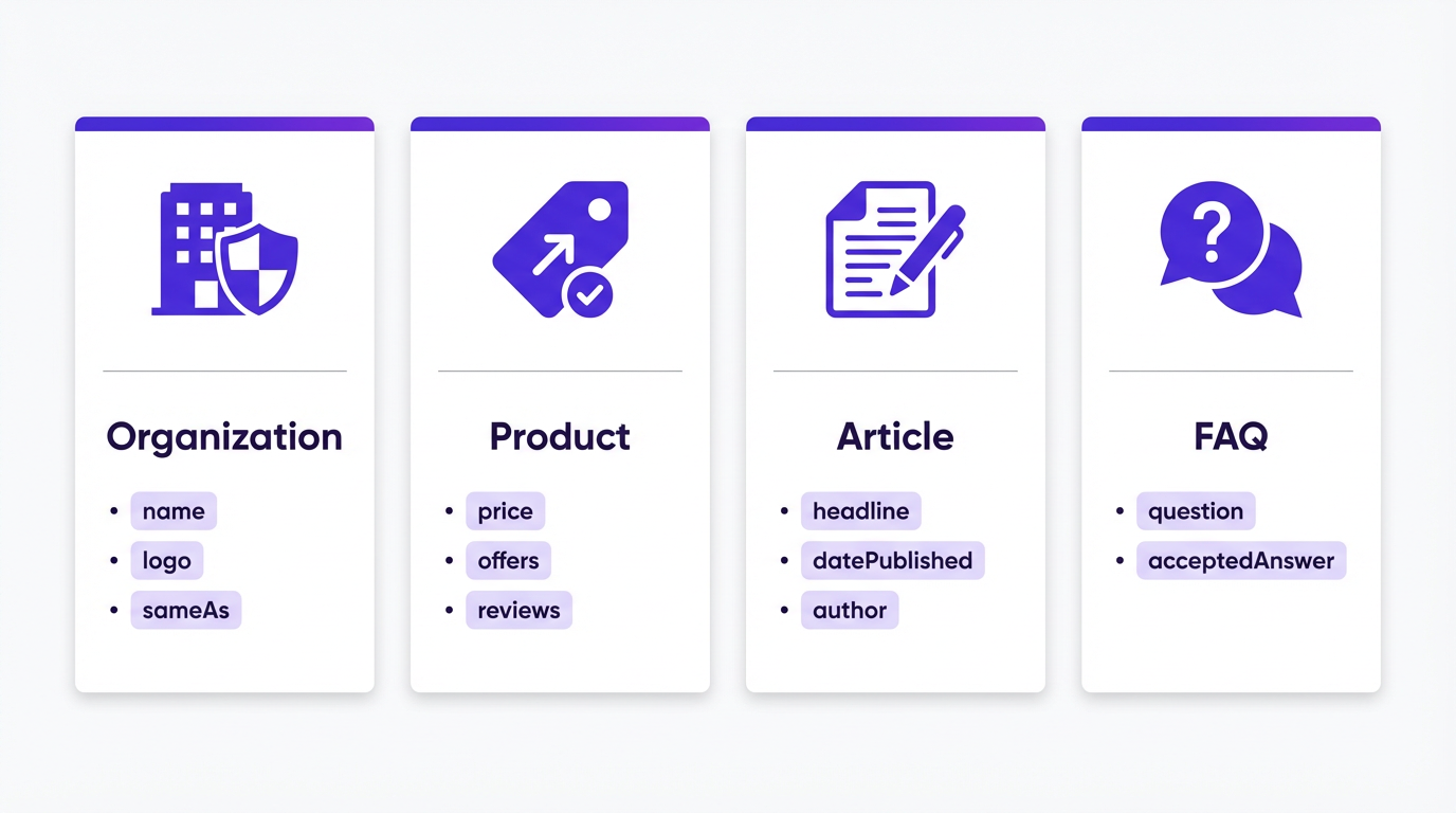 Infographic showing common schema types like Organization, Product, Article, and FAQ.