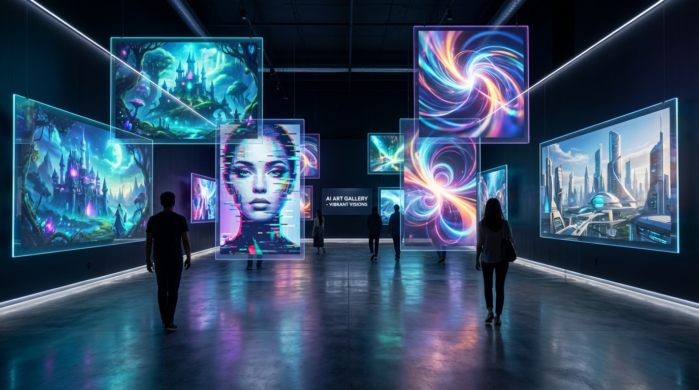 Vibrant digital art gallery showcasing diverse AI-generated artwork styles including fantasy landscapes, portraits, abstract art, and concept art