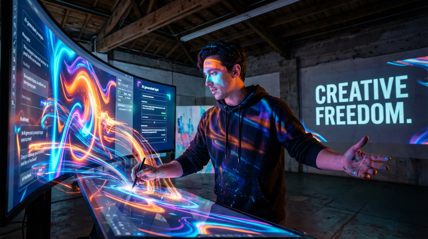 Artist creating bold unrestricted digital artwork on a large glowing canvas with AI assistance, vivid colors and creative freedom