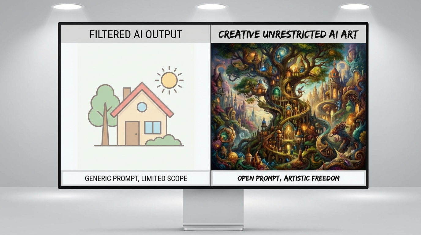 Comparison of generic filtered AI output versus creative unrestricted AI art generation showing superior artistic quality