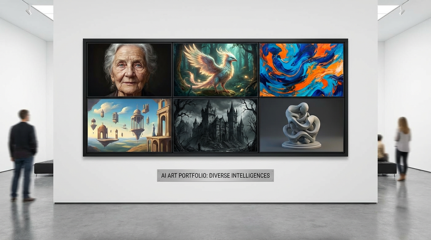 Collection of diverse AI art styles including hyperrealistic portrait, fantasy creature, abstract expressionism, and surreal dreamscape