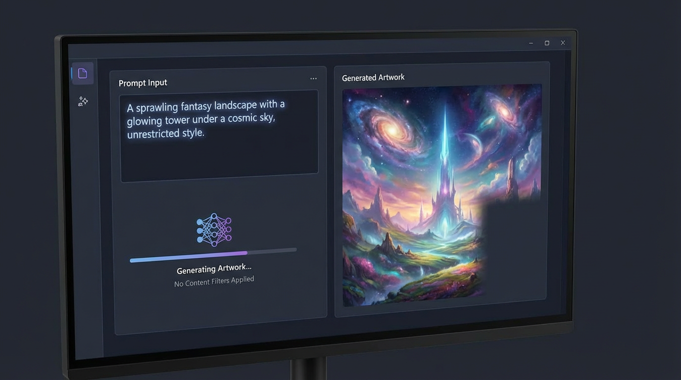AI art generator interface showing text prompt transforming into breathtaking unrestricted artwork, modern dark UI design