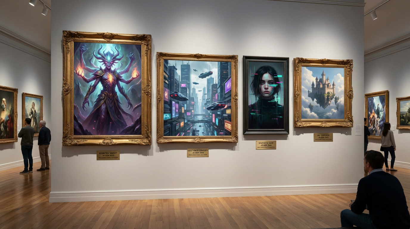 Diverse collection of AI-generated creative artworks including fantasy characters, sci-fi scenes, and dramatic portraits in gallery presentation