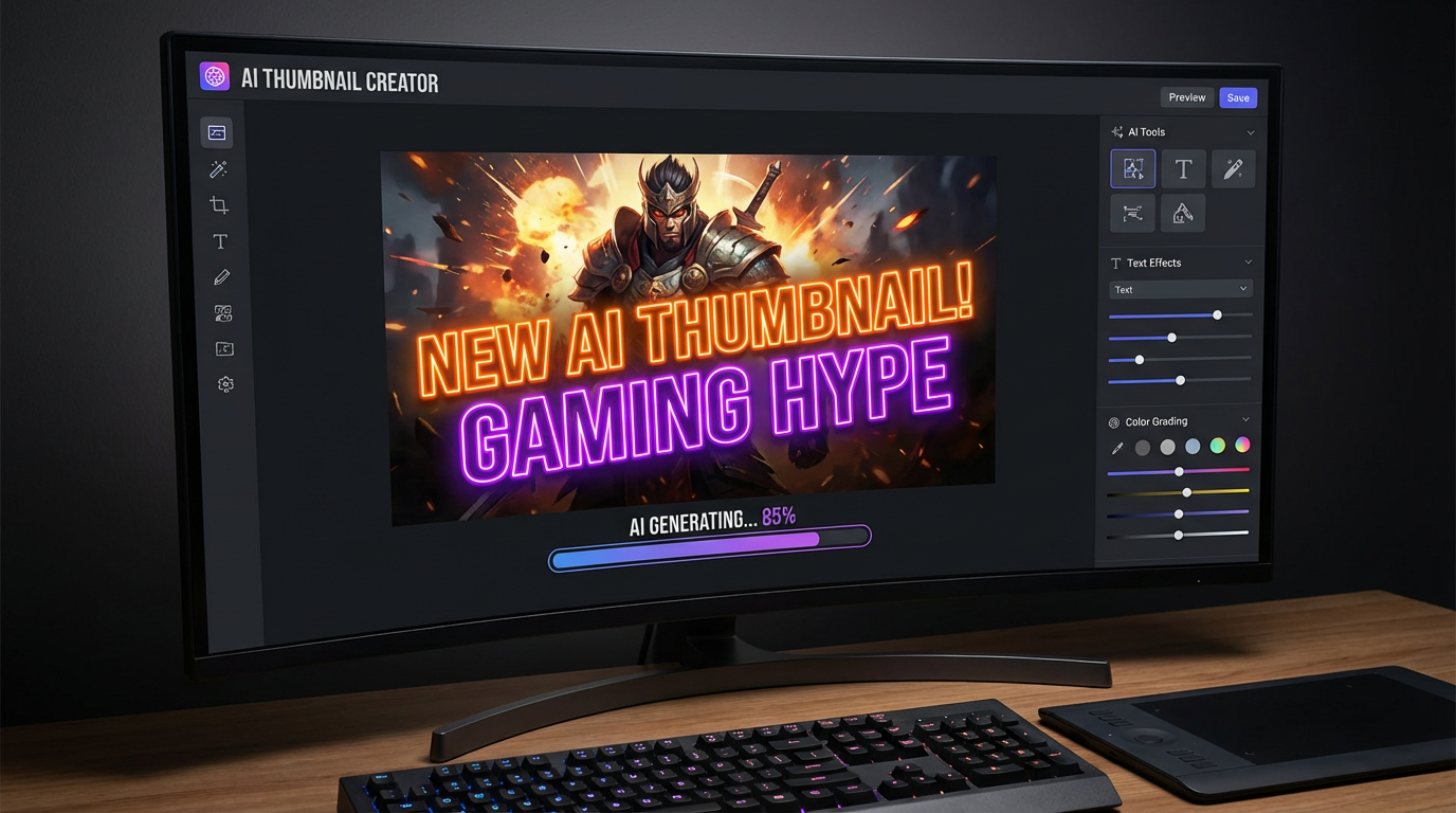 Professional YouTube thumbnail maker interface showing AI generating an eye-catching gaming video thumbnail with bold text overlay and vibrant colors