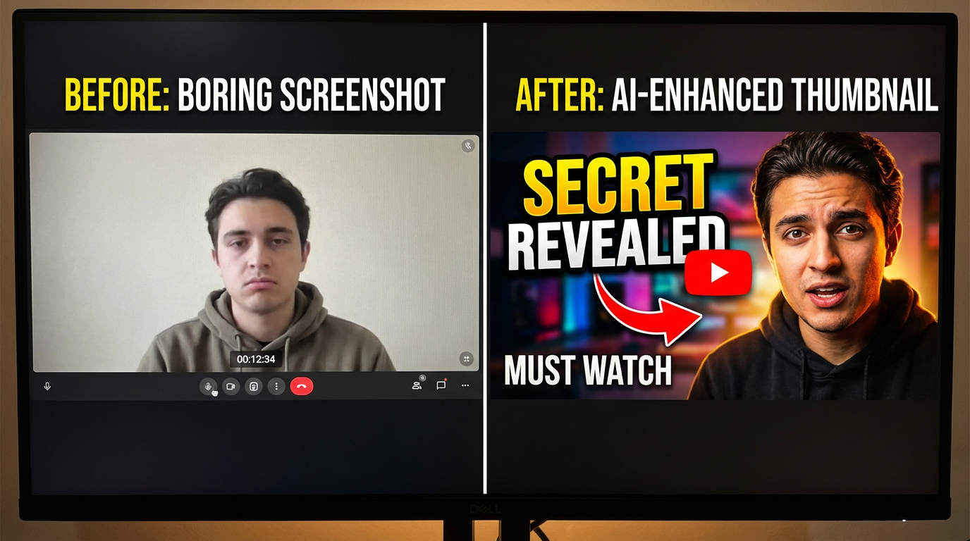Before and after comparison of a screenshot and an AI-enhanced click-worthy YouTube thumbnail with dramatic lighting