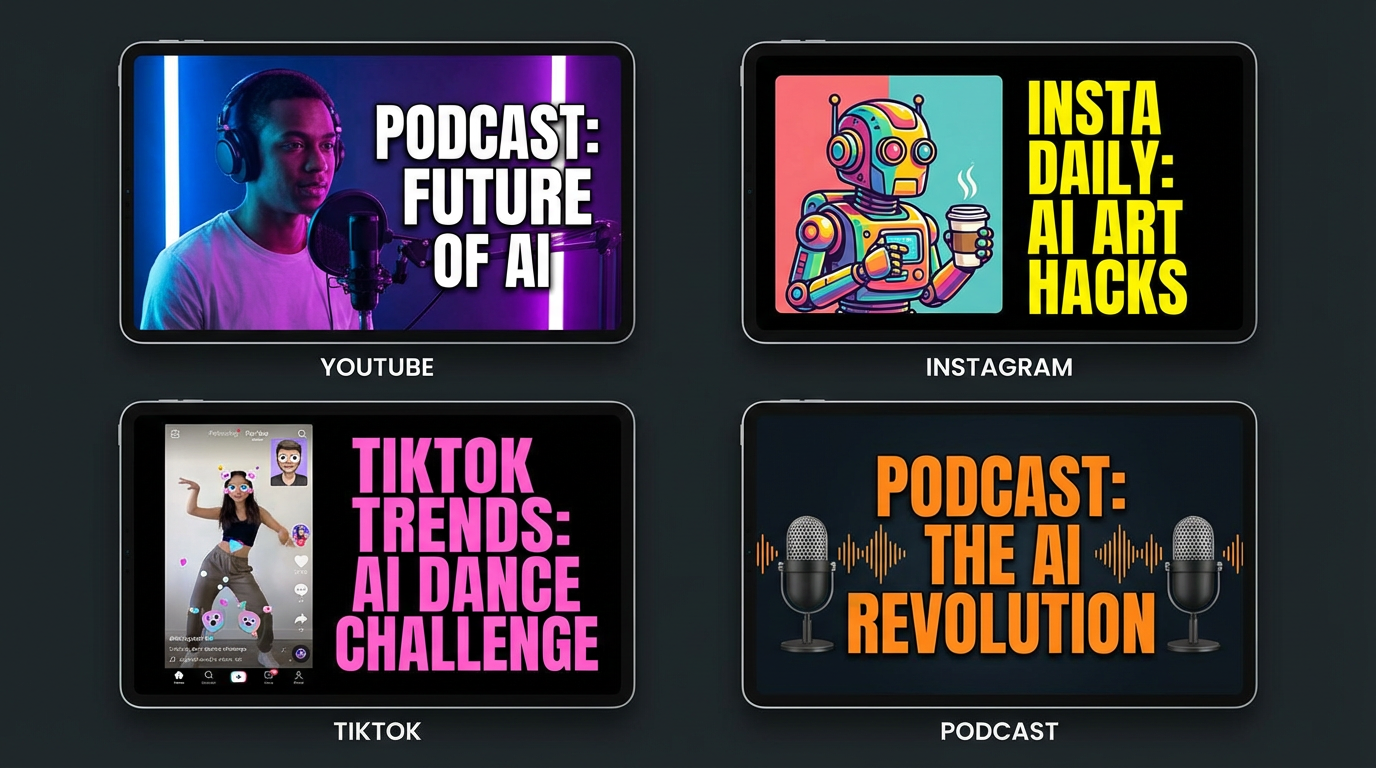 Grid of AI-generated social media thumbnails for YouTube, Instagram, TikTok, and podcasts with bold typography