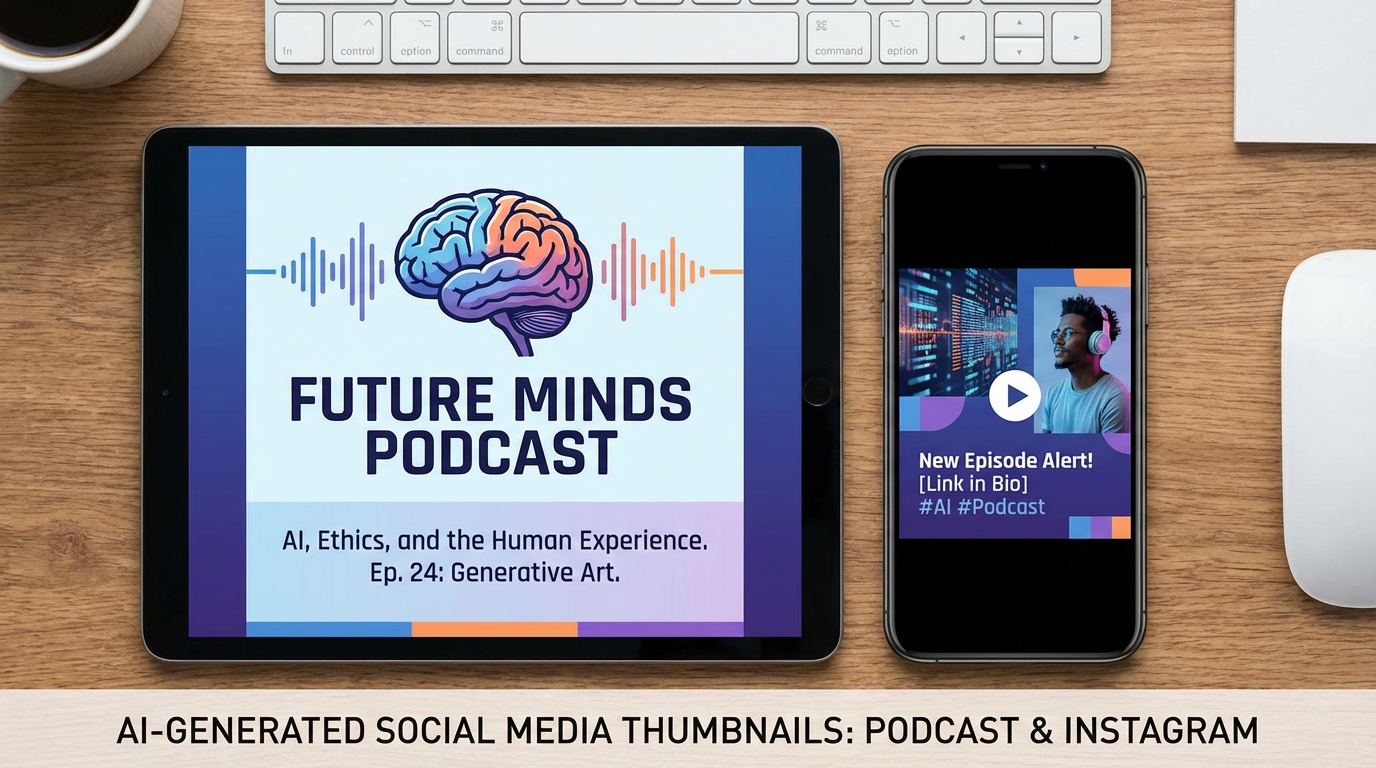 AI-generated podcast thumbnail and Instagram post thumbnail side by side showing versatile social media thumbnail creation
