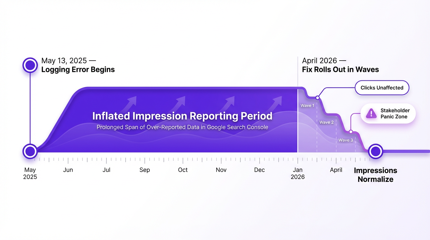 Timeline of inflated impression counts bug from May 2025 to April 2026 fix rollout