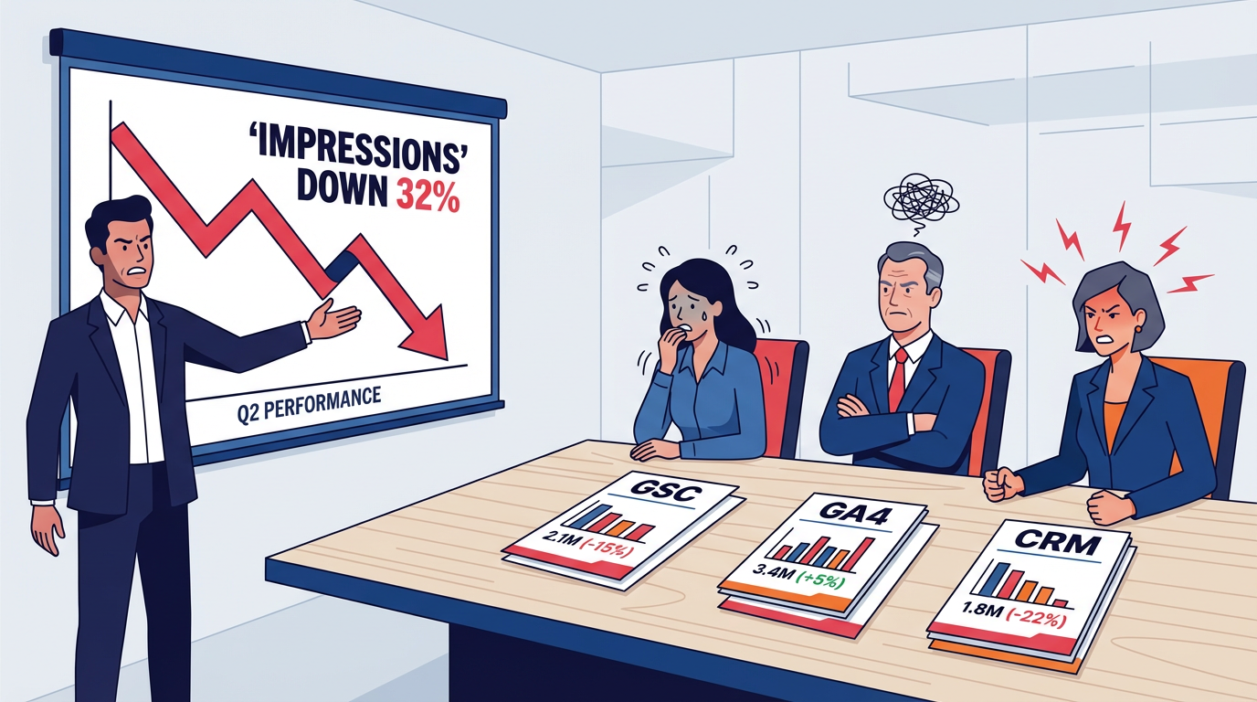 Stakeholder meeting reacting to inflated impression counts drop in GSC