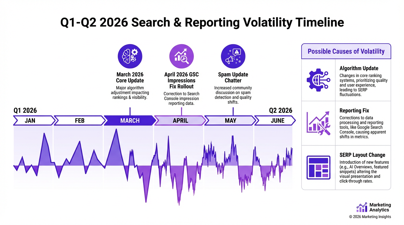 SEO volatility calendar showing April 2026 GSC fix alongside Google updates