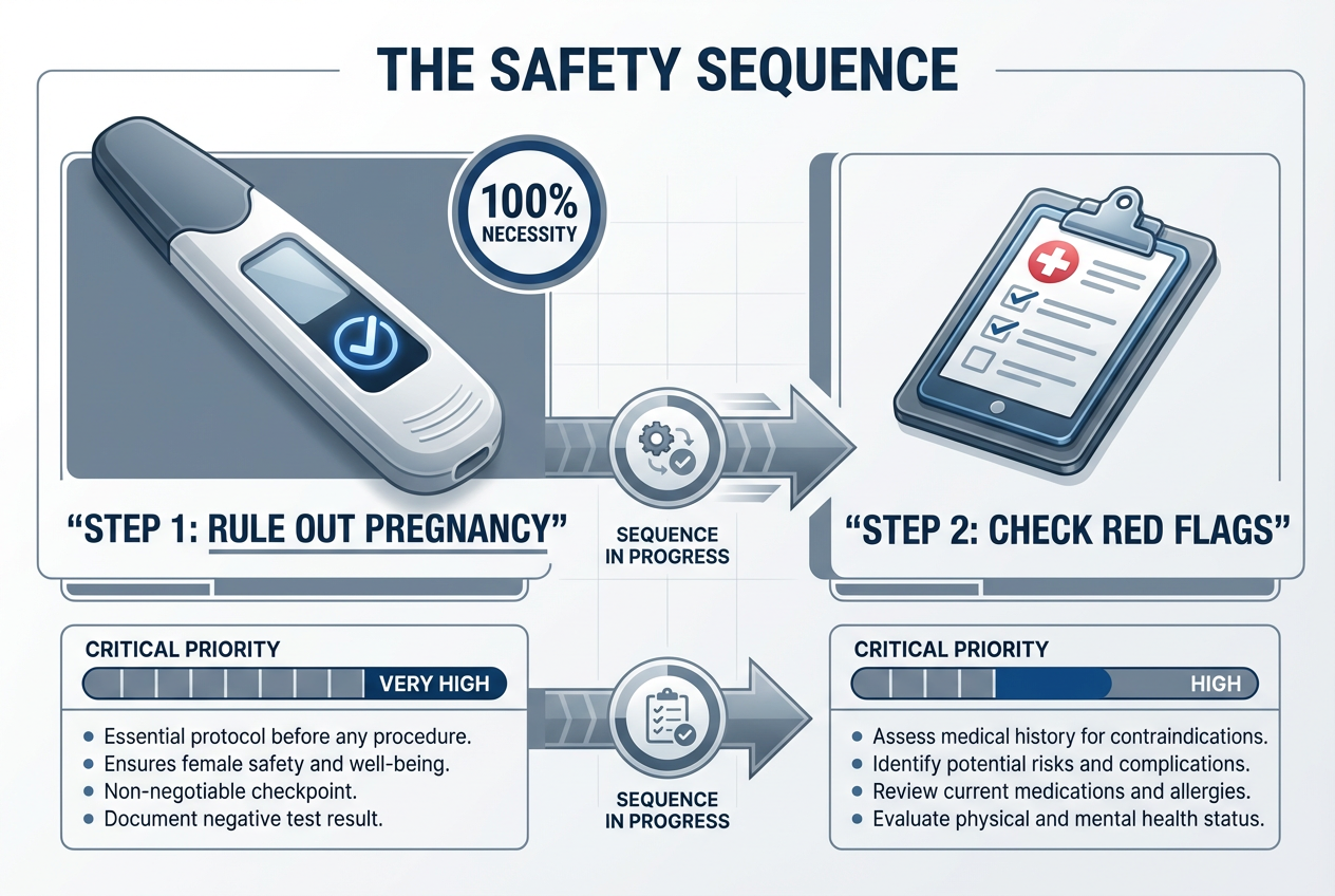 Safety sequence infographic for partners, highlighting a pregnancy test as the non-negotiable first step before attempting to induce a period.