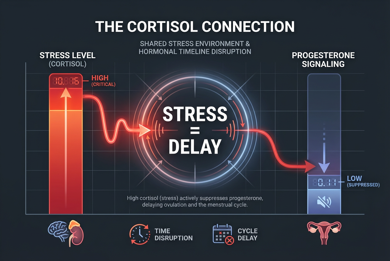 A relational bar chart showing how high cortisol levels from stress negatively impact progesterone signaling, leading to a delayed menstrual cycle.