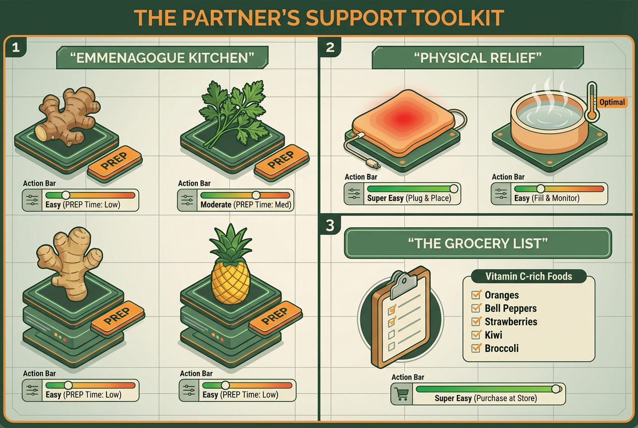 An isometric infographic titled The Partner's Support Toolkit, detailing specific foods, teas, and physical relief items to help support a period.