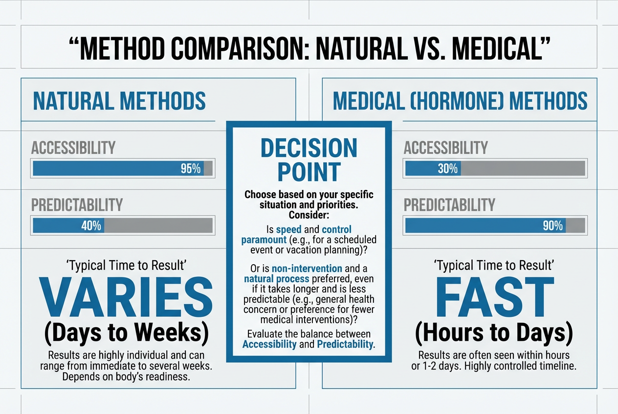 A comparison chart for partners evaluating natural induction versus medical methods based on their accessibility and predictability of results.