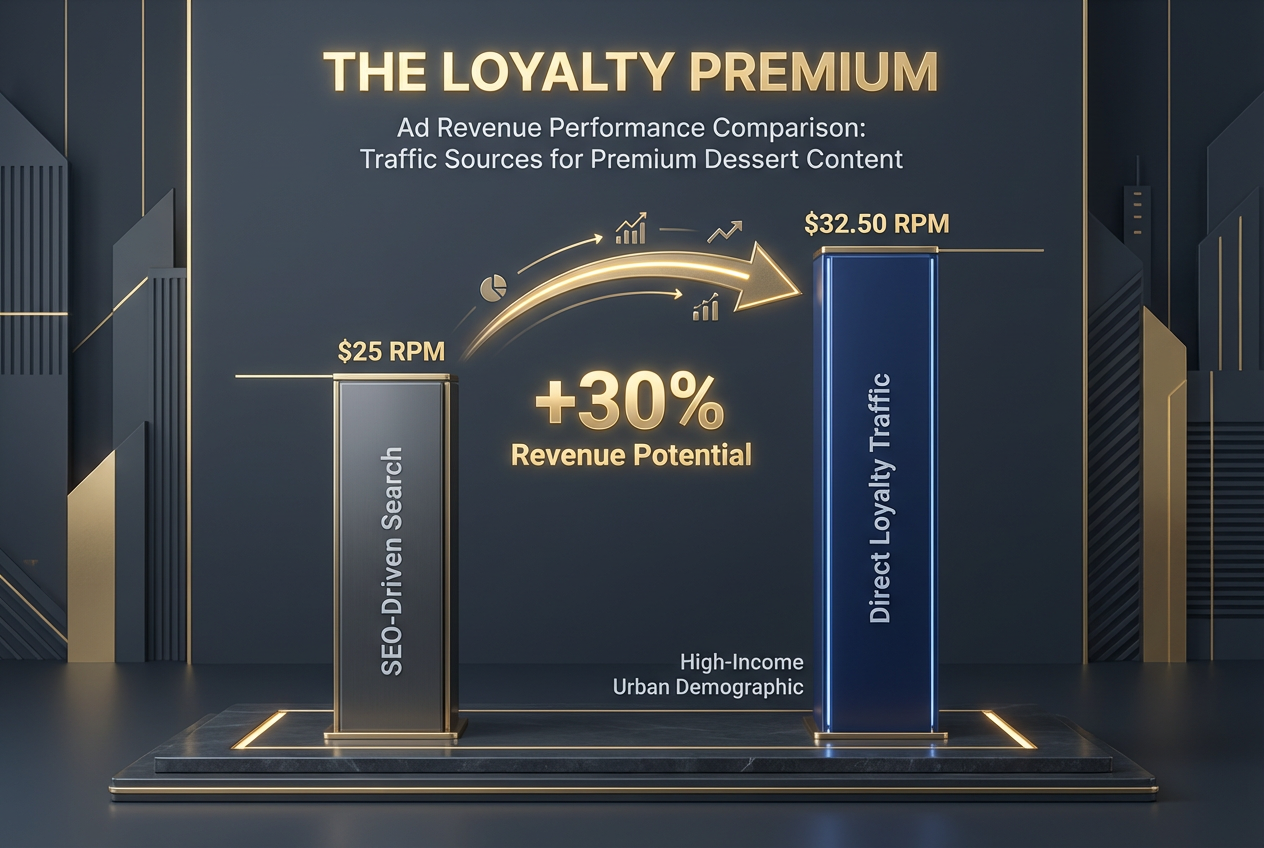 A professional bar chart showing a 30 percent increase in RPM for direct loyalty traffic compared to SEO-driven search traffic for dessert blogs.
