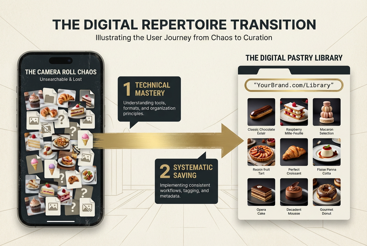 Strategic diagram showing the transition from a disorganized smartphone camera roll to an organized digital pastry library via a branded blog URL.