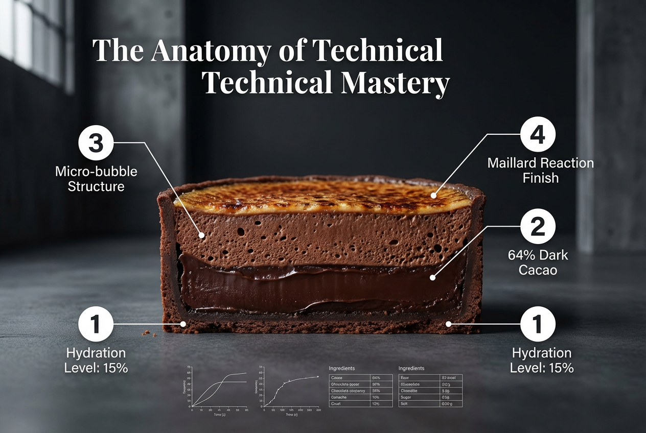 Technical cross-section diagram of a chocolate tart with four numbered callouts detailing hydration, cacao percentage, and structural aeration levels.