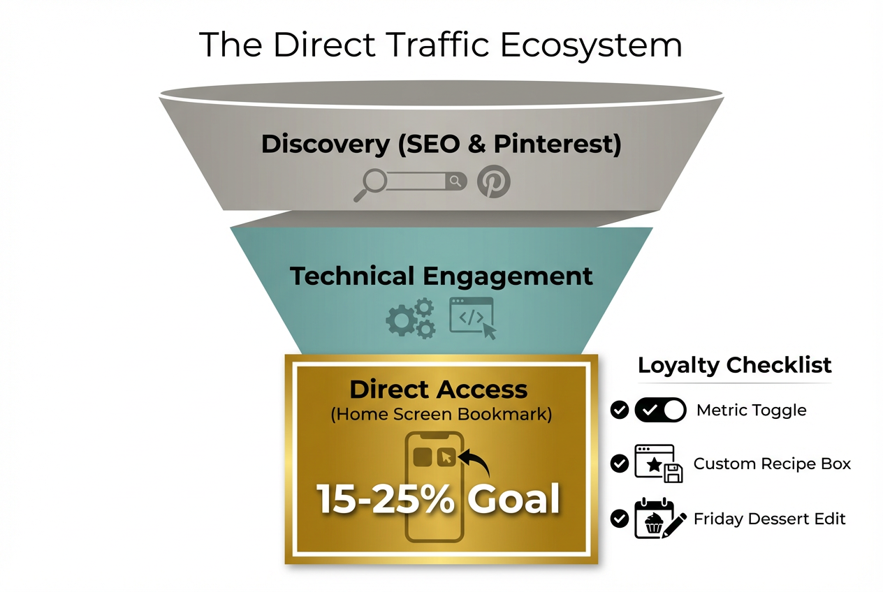 A strategic funnel diagram illustrating the path from discovery to a 25 percent direct traffic goal through home screen bookmarks and recipe boxes.