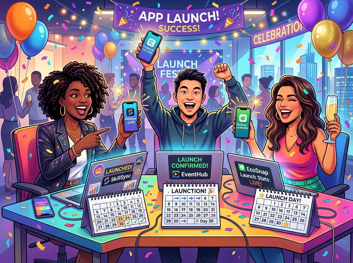 Founders celebrating successful 30-day app launches
