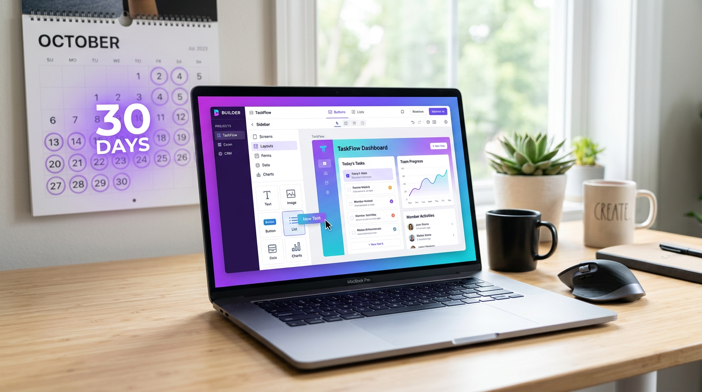 No-code app builder interface showing 30-day app development process