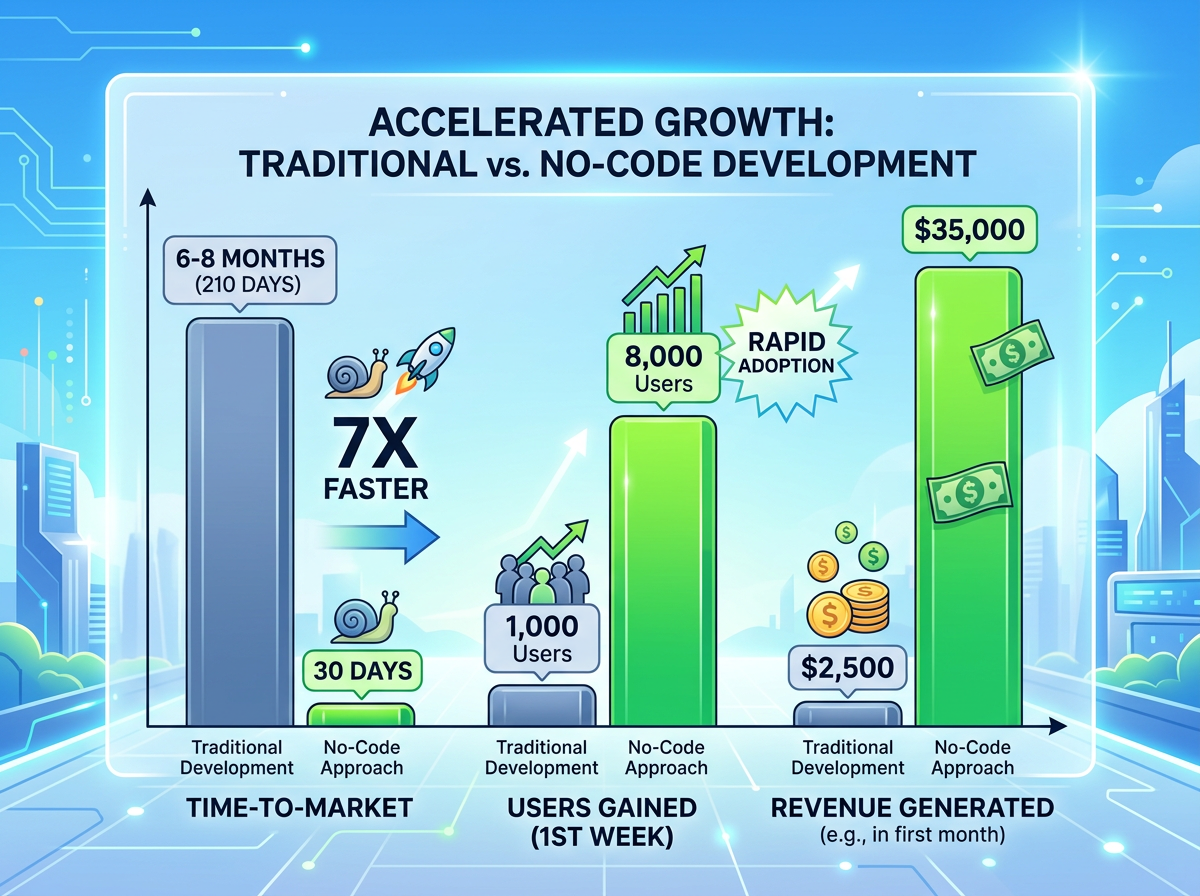 Growth metrics comparing traditional vs no-code app development outcomes