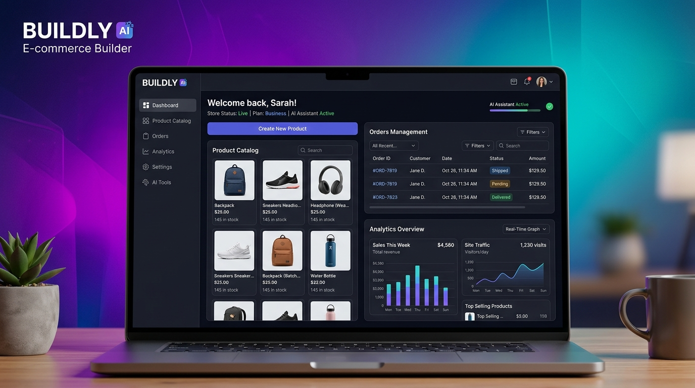 AI e-commerce builder dashboard with product management and analytics